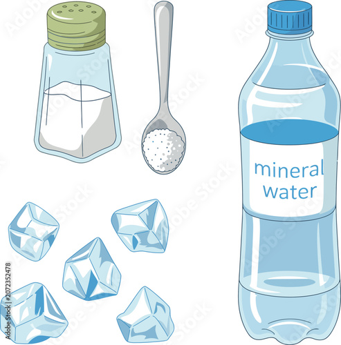 Mineral water bottle with salt shaker spoon and ice cubes for kitchen drinks.