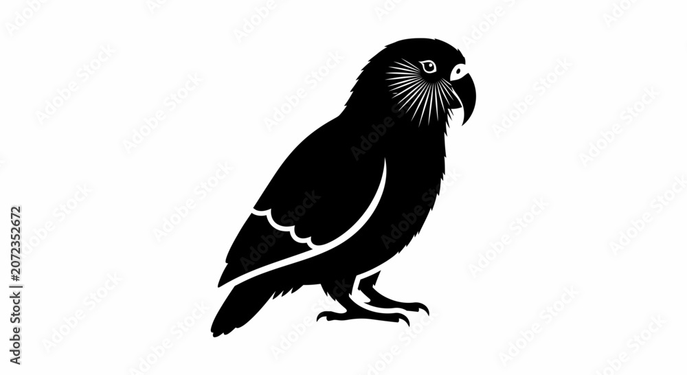 Fototapeta premium Black Silhouette of a Parrot or Owl Bird on White Background, Vector Art
