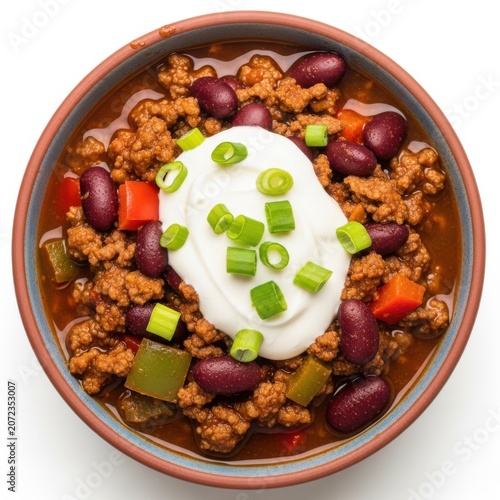 A Hearty Bowl Of Chili Con Carne Topped With Creamy Sour Cream
