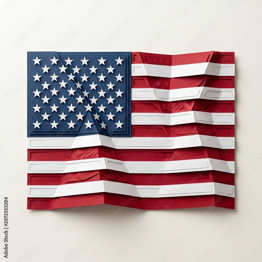 Fototapeta premium A layered paper craft art piece of the american flag featuring a 3d effect with folded stripes and a blue canton with stars, isolated on white background