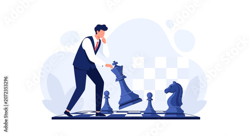 Businessman contemplating chess strategy, making a move with the king on a chessboard, symbolizing business planning, decision making, and strategic thinking.