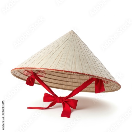 Traditional Vietnamese Conical Hat (Nón Lá) with Vibrant Red Silk Ribbon