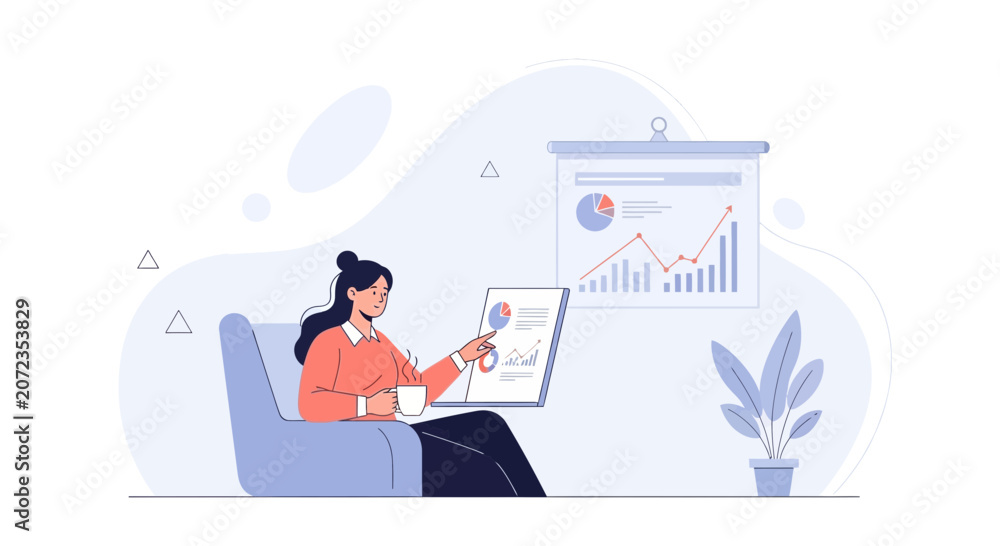 Obraz premium Businesswoman analyzes financial data and charts in a modern office setting, illustrating growth and success.