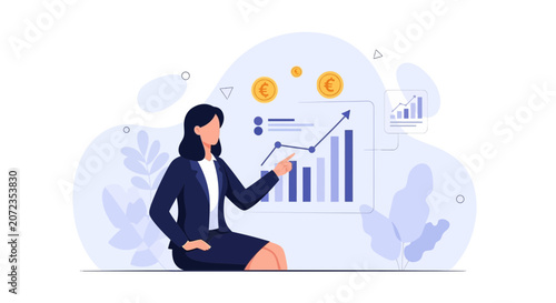 Businesswoman analyzes financial growth chart with euro coins, symbolizing investment and economic progress.