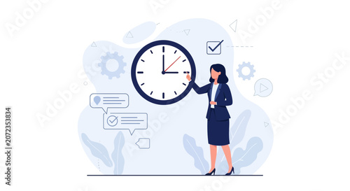 Businesswoman adjusting clock hands, symbolizing time management, scheduling, and productivity in a modern flat illustration style.