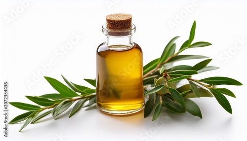 Fresh Tea Tree Branch With Essential Oil Bottle Isolated On A White Background