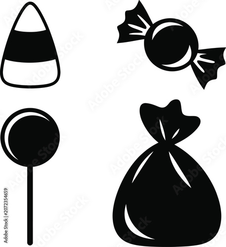 Set of four tasty halloween confectionery icons in solid black silhouette style.