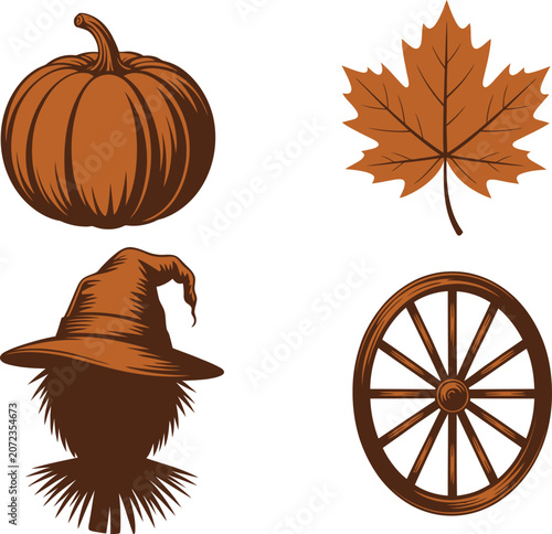 Autumn harvest theme elements with orange pumpkin leaf hat and wooden cart wheel.