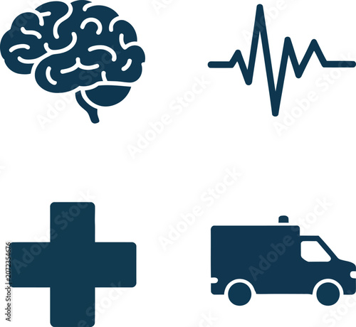Medical collection with human brain heart pulse rate cross and ambulance icon.