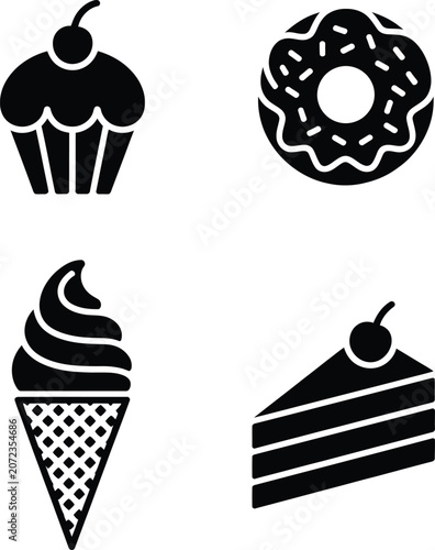 Collection of four delicious dessert icons in solid black silhouette art style.