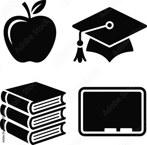 Education icon set with apple graduation cap books and blackboard icon.