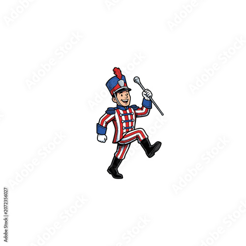 Energetic Drum Major Mascot In Patriotic Red White Striped Uniform With Blue Accents Tall Shako Hat Red Plume Marching With Baton Raised High Joyful Pose Vector Illustration