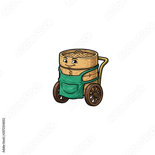 Friendly Cartoon Dumpling Steamer Basket Character With Smiling Face And Eyes Dressed In A Green Apron Attached To A Two Wheeled Wooden Food Cart With Vector Illustration