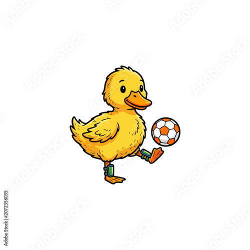 Playful Yellow Duckling In Motion Kicking A Traditional Black And White Soccer Ball With Orange Panels Sporting Green Protective Shin Guards On Its Webbed Feet Vector Illustration