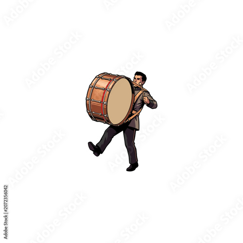 Dynamic Male Drummer In Modern Gray Suit Striding Forward Carrying Large Wooden Bass Drum On Shoulder Gripping Drumstick Mid Motion Vector Illustration