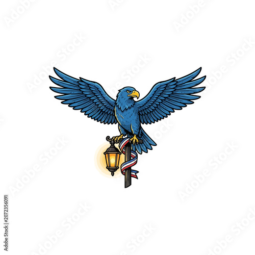 Bold Blue Eagle Mascot With Fully Spread Wings Gripping A Classic Black Lantern Post Adorned With Patriotic Striped Ribbon And Emitting Soft Golden Illumination From Vector Illustration