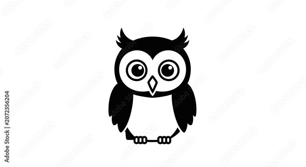 Fototapeta premium Cute cartoon owl illustration, simple black and white vector graphic
