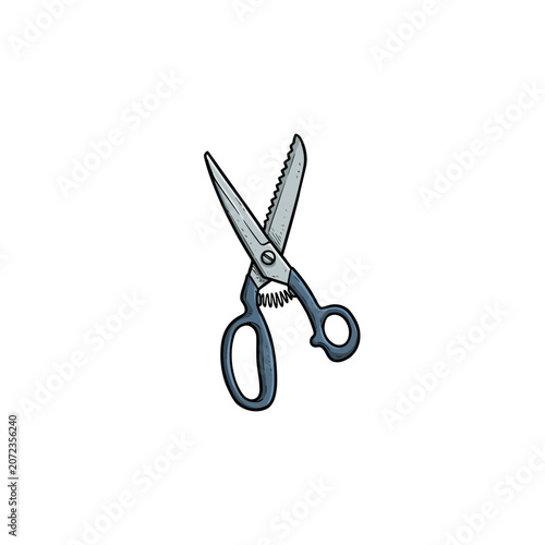 Tailor S Fabric Scissors Featuring A Finely Serrated Upper Blade Metallic Finish And Sturdy Black Plastic Handles Vector Illustration