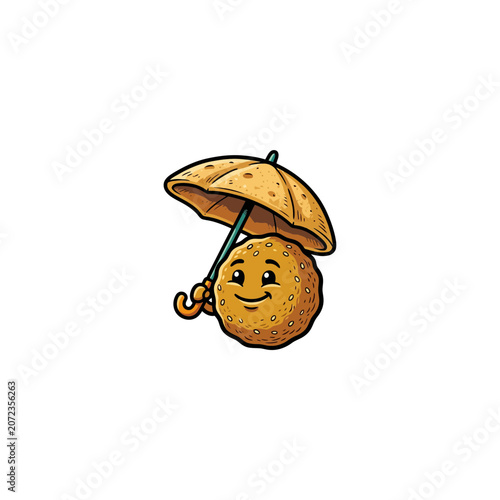 Friendly Falafel Ball Character With Cartoon Face And Cheerful Expression Sheltering Under A Pita Bread Umbrella Held In One Hand Vector Illustration