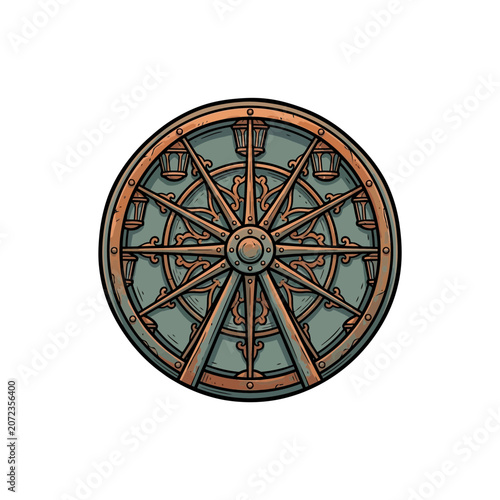 Intricately Detailed Vintage Ferris Wheel Emblem Featuring Rusted Copper Spokes Ornamental Filigree Lantern Cabins And Aged Teal Inner Disc Within A Bolted Metal Border Vector Illustration