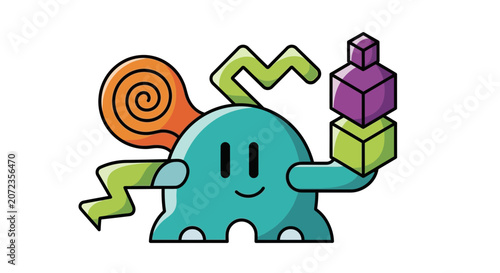 Tablou pe pânză Cute Cartoon Monster Holding Stacked Blocks, Playful Character Design