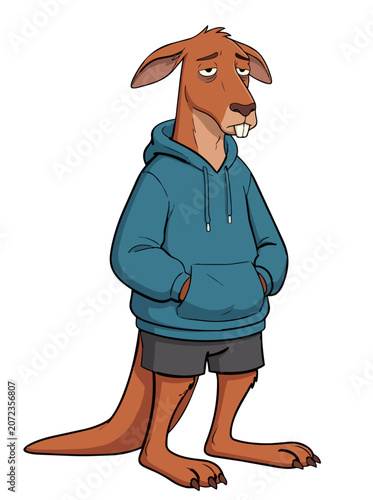 Funny Cartoon Kangaroo Character Wearing a Hoodie Standing with a Bored Expression Illustration