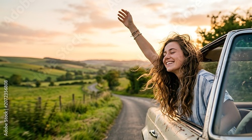 Cheerful girl enjoying car drive sunset