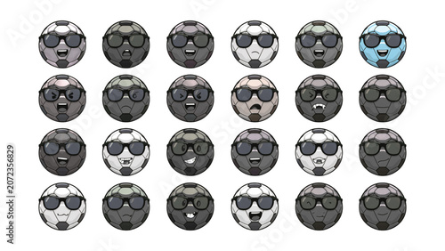 Set of 24 Cool Sports Ball Emoji Cartoon with Sunglasses Various Expressions Surprised Smiling Shocked Vector Icons Isolated Transparent Background