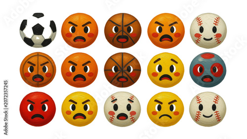 Set of 15 Sports Ball Emoji with Angry Faces Cartoon Soccer Basketball Baseball Mad Expressions Vector Icons Isolated Transparent Background