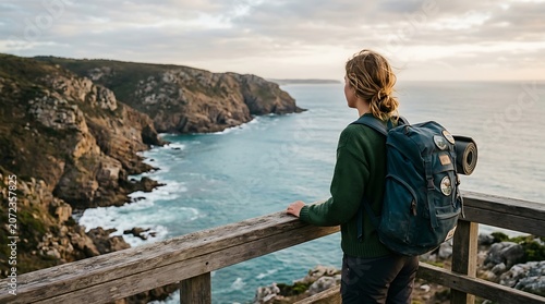 Hiker with backpack watching the sea