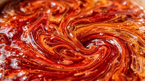 Swirling Caramel Sauce Texture with Marbled Amber and Cream Patterns, Macro View of Liquid Toffee