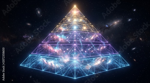 Cosmic Pyramid with Glowing Galaxies and Nebulae in Deep Space, Sacred Geometry Futuristic Concept