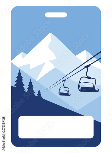 Ski pass with barcode space. Ski lift on the winter landscape 