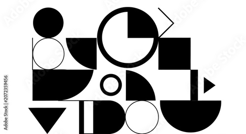 Abstract geometric pattern with black and white shapes. Modern minimalist design featuring circles, squares, triangles, and arcs.