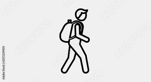 Outline icon of a walking person carrying a backpack, representing travel, hiking, adventure, or a journey