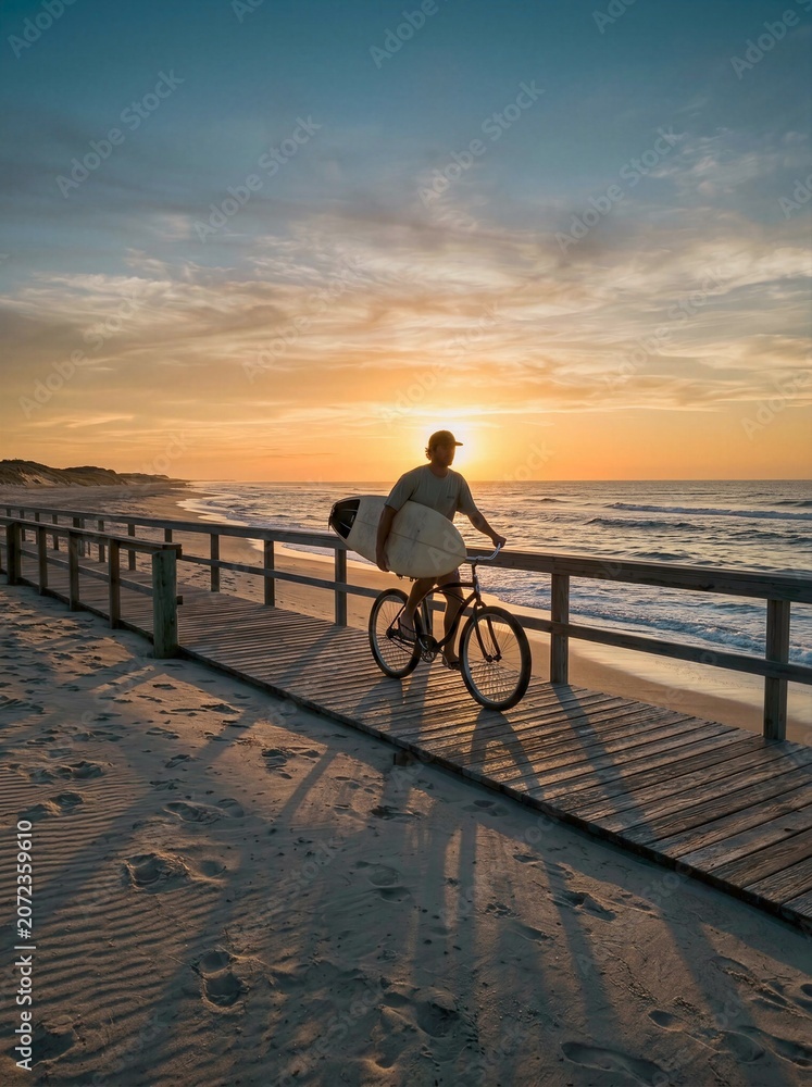 Fototapeta premium Surfer rides bicycle on boardwalk at sunset with surfboard under arm