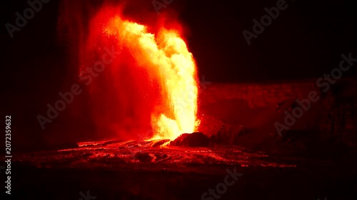 Real time video of lava fountains erupting from Kīlauea Volcano at night in Halemaʻumaʻu Crater, Hawaii Big Island, United States.