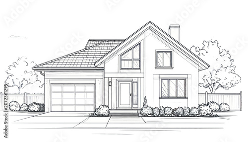 Suburban family house architectural line drawing sketch.