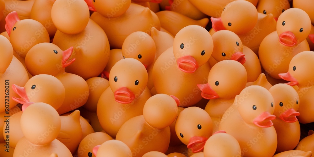 Fotografie 3d rubber ducks in a pile, yellow rubber duck