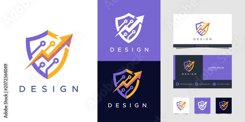 A modern logo design featuring a purple and yellow shield with an upward-pointing arrow and circuit board elements, presented with various color schemes and a business card mock-up.