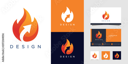 A vibrant gradient fire flame logo with an upward arrow, presented with branding elements including business cards and various color variations for a modern design concept.