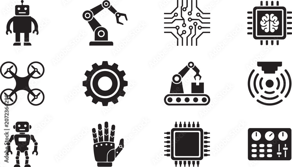Naklejka premium Robotics, technology and engineering icons, 10 black vector symbols, industrial and mechanical set, gear and circuit board illustrations