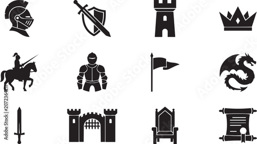 Fotografie Medieval icons, black vector set, 12 knight symbols, medieval crest elements