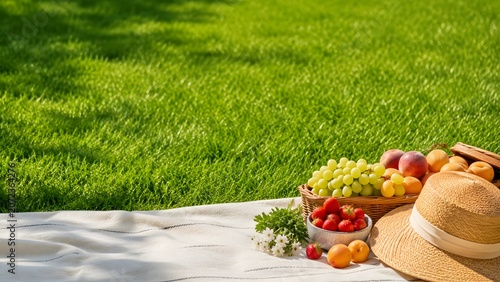 Summer Picnic Basket With Fresh Fruit On Grass