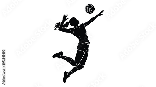 Athletic female volleyball player jumping high in the air to spike a ball during a professional match shown as a bold black and white silhouette