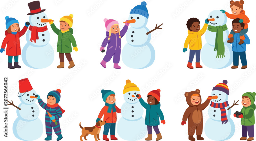 Obraz premium Children building snowmen together in winter diverse kids enjoying outdoor activities flat vector illustration for holiday and seasonal concepts