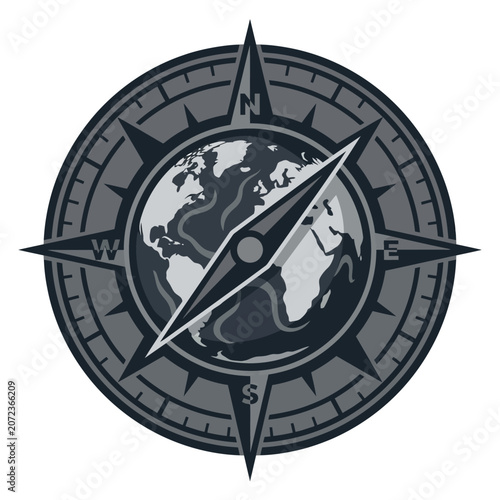 Flat vector illustration of a nautical compass rose overlaid on a world globe for global navigation