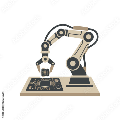 Automated Robotic Arm Placing a Microchip onto a Printed Circuit Board Manufacturing Process
