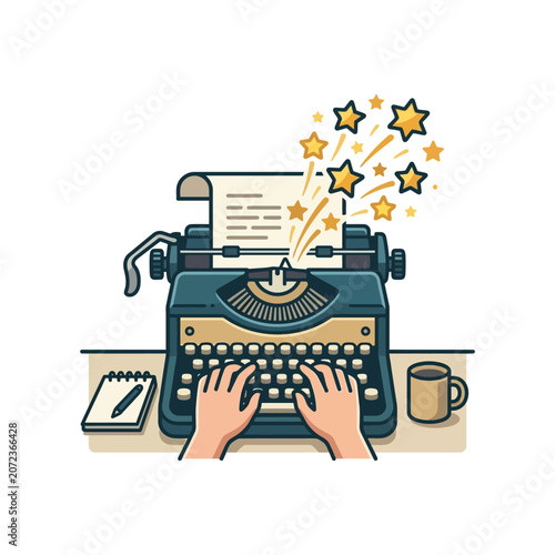 Creative Retro Typewriter Fusion Concept Illustration with Sparkling Stars and Hands