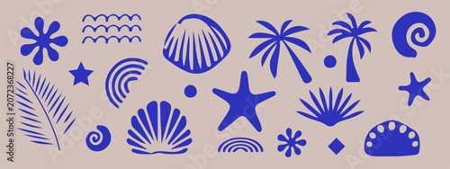 Boho summer set. Naive spiritual geometric palm tree, sun, sea, waves and corals emblem. 